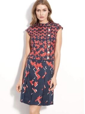 TORY BURCH TRUMAN SILK PLEATED NAVY RED DRESS SIZE 12